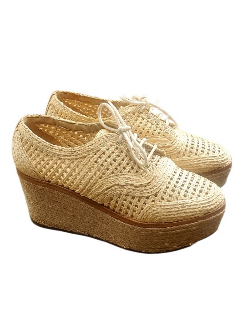 Schutz Jules New  Platform Oxford Woven Raffia Size 7 Tan